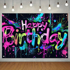 HOMETITUTE Neon Happy Birthday Banner – 71x43 in, Colorful Backdrop, Glow-in-the-Dark Party Decor