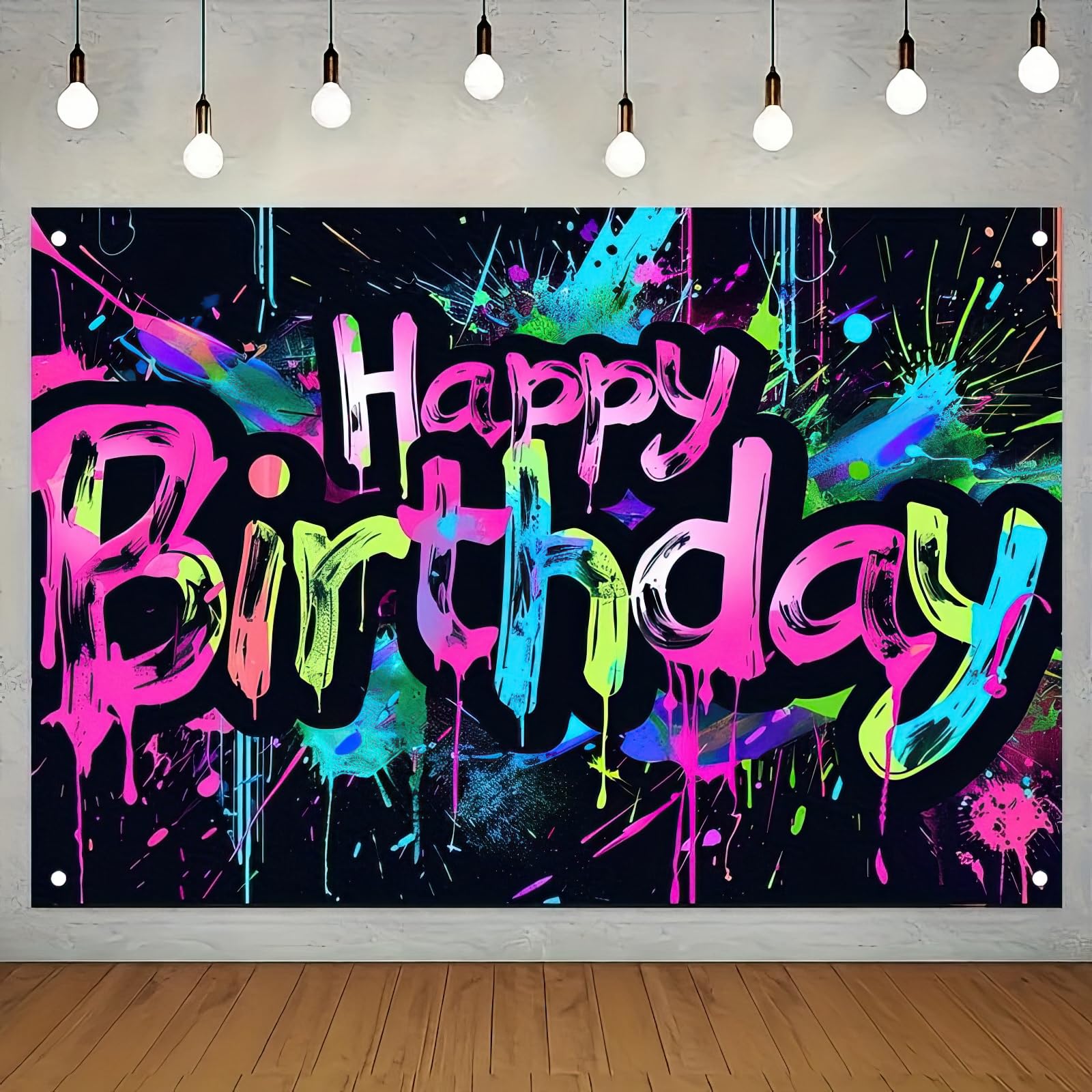 HOMETITUTE Neon Happy Birthday Banner – 71x43 in, Colorful Backdrop, Glow-in-the-Dark Party Decor