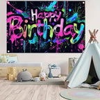 HOMETITUTE Neon Happy Birthday Banner – 71x43 in, Colorful Backdrop, Glow-in-the-Dark Party Decor