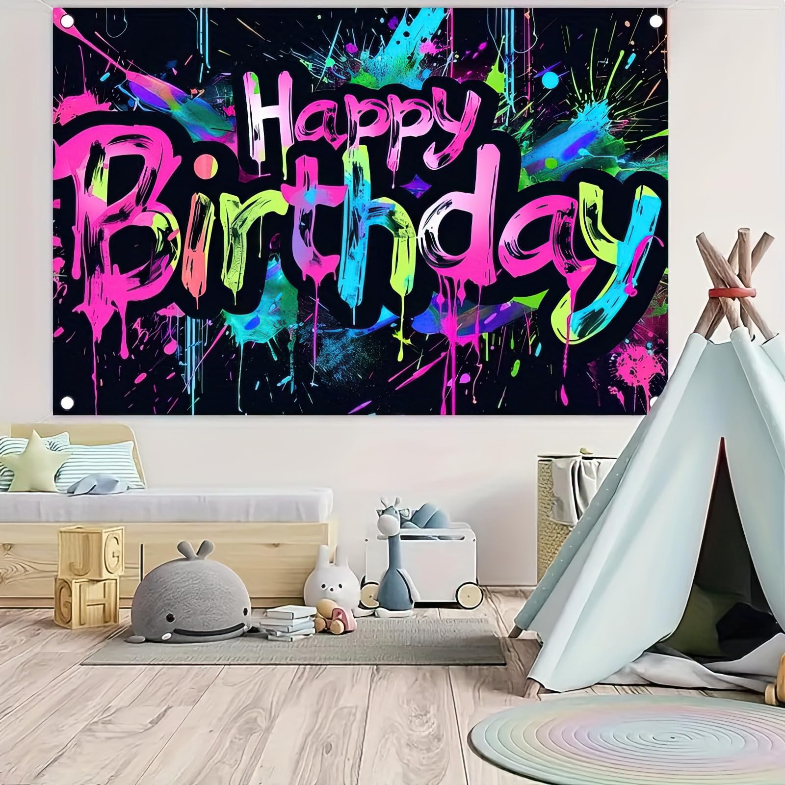 HOMETITUTE Neon Happy Birthday Banner – 71x43 in, Colorful Backdrop, Glow-in-the-Dark Party Decor