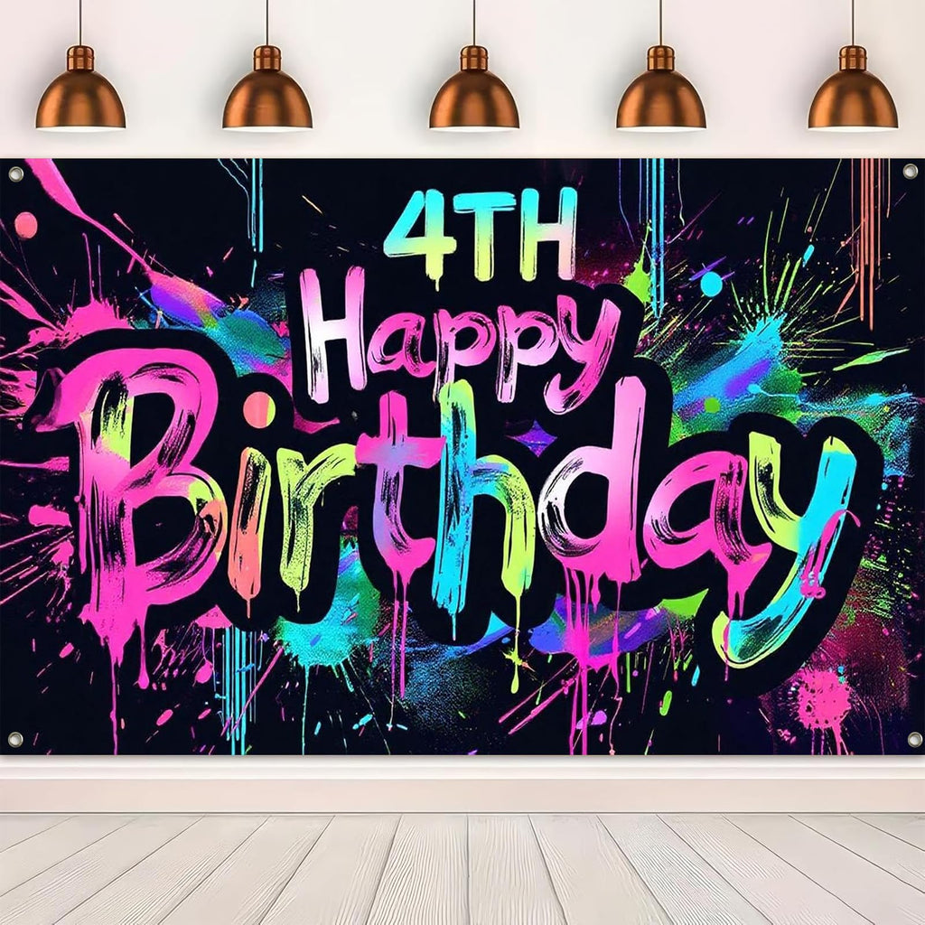 HOMETITUTE Neon 4th Birthday Banner 71x43in - Paint Splatter Backdrop for Kids Parties & Photo Booth
