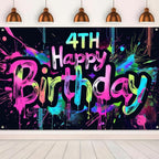 HOMETITUTE Neon 4th Birthday Banner 71x43in - Paint Splatter Backdrop for Kids Parties & Photo Booth