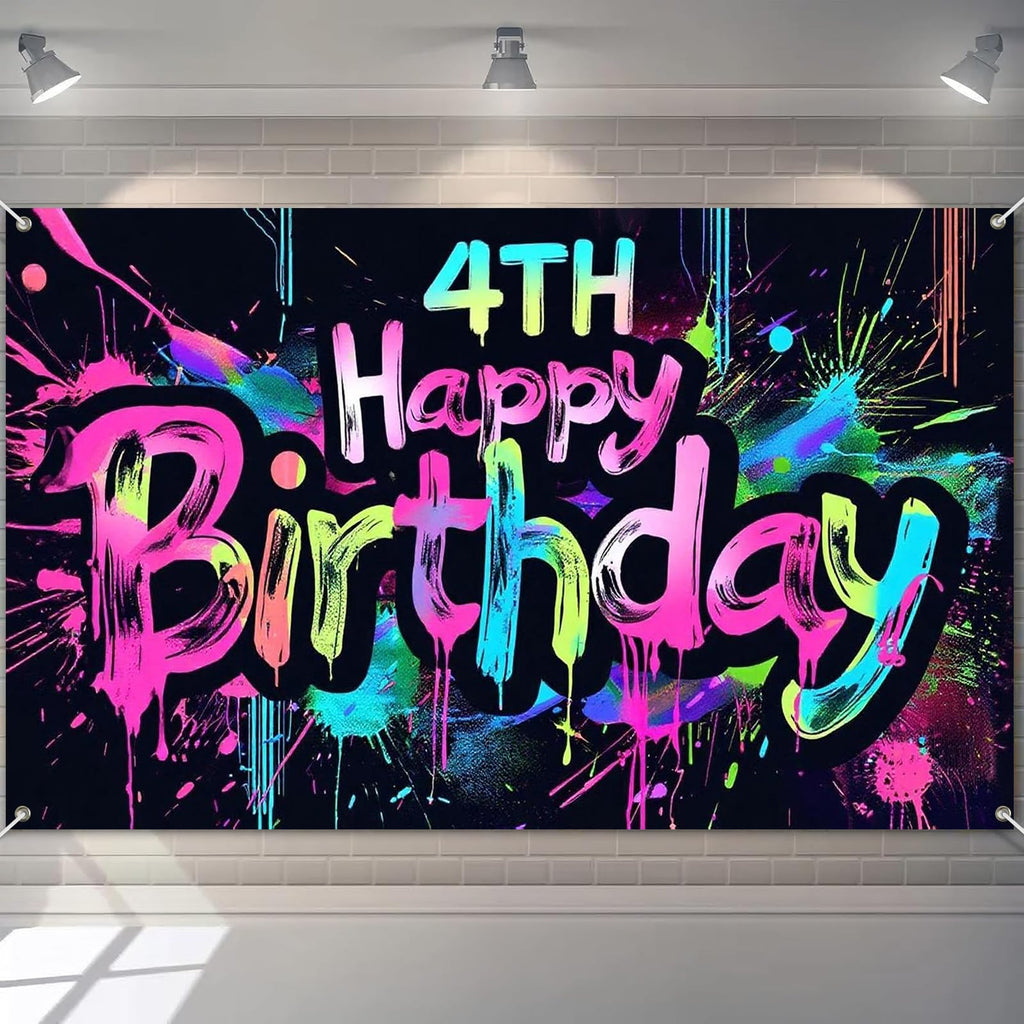 HOMETITUTE Neon 4th Birthday Banner 71x43in - Paint Splatter Backdrop for Kids Parties & Photo Booth