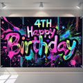HOMETITUTE Neon 4th Birthday Banner 71x43in - Paint Splatter Backdrop for Kids Parties & Photo Booth