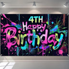 HOMETITUTE Neon 4th Birthday Banner 71x43in - Paint Splatter Backdrop for Kids Parties & Photo Booth