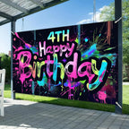 HOMETITUTE Neon 4th Birthday Banner 71x43in - Paint Splatter Backdrop for Kids Parties & Photo Booth