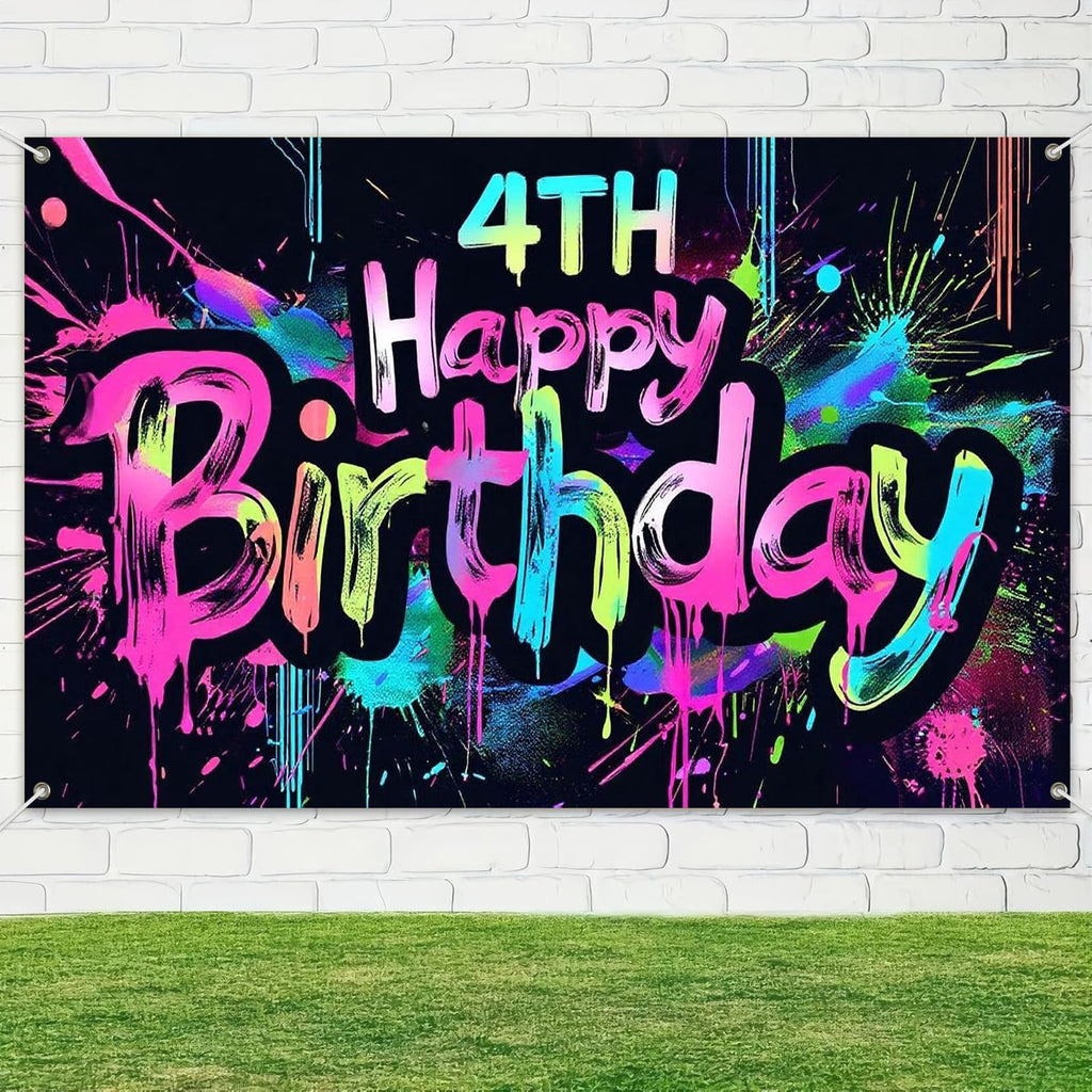 HOMETITUTE Neon 4th Birthday Banner 71x43in - Paint Splatter Backdrop for Kids Parties & Photo Booth