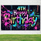 HOMETITUTE Neon 4th Birthday Banner 71x43in - Paint Splatter Backdrop for Kids Parties & Photo Booth