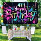 HOMETITUTE Neon 4th Birthday Banner 71x43in - Paint Splatter Backdrop for Kids Parties & Photo Booth
