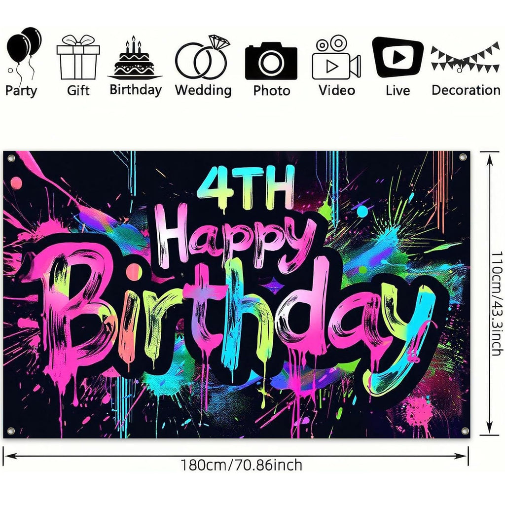 HOMETITUTE Neon 4th Birthday Banner 71x43in - Paint Splatter Backdrop for Kids Parties & Photo Booth