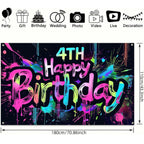 HOMETITUTE Neon 4th Birthday Banner 71x43in - Paint Splatter Backdrop for Kids Parties & Photo Booth