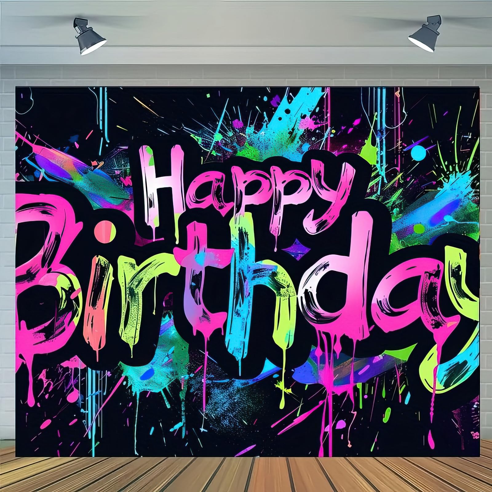 HOMETITUTE Neon Happy Birthday Banner – 71x43 in, Colorful Backdrop, Glow-in-the-Dark Party Decor
