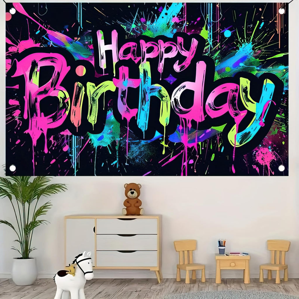 HOMETITUTE Neon Happy Birthday Banner – 71x43 in, Colorful Backdrop, Glow-in-the-Dark Party Decor