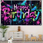 HOMETITUTE Neon Happy Birthday Banner – 71x43 in, Colorful Backdrop, Glow-in-the-Dark Party Decor