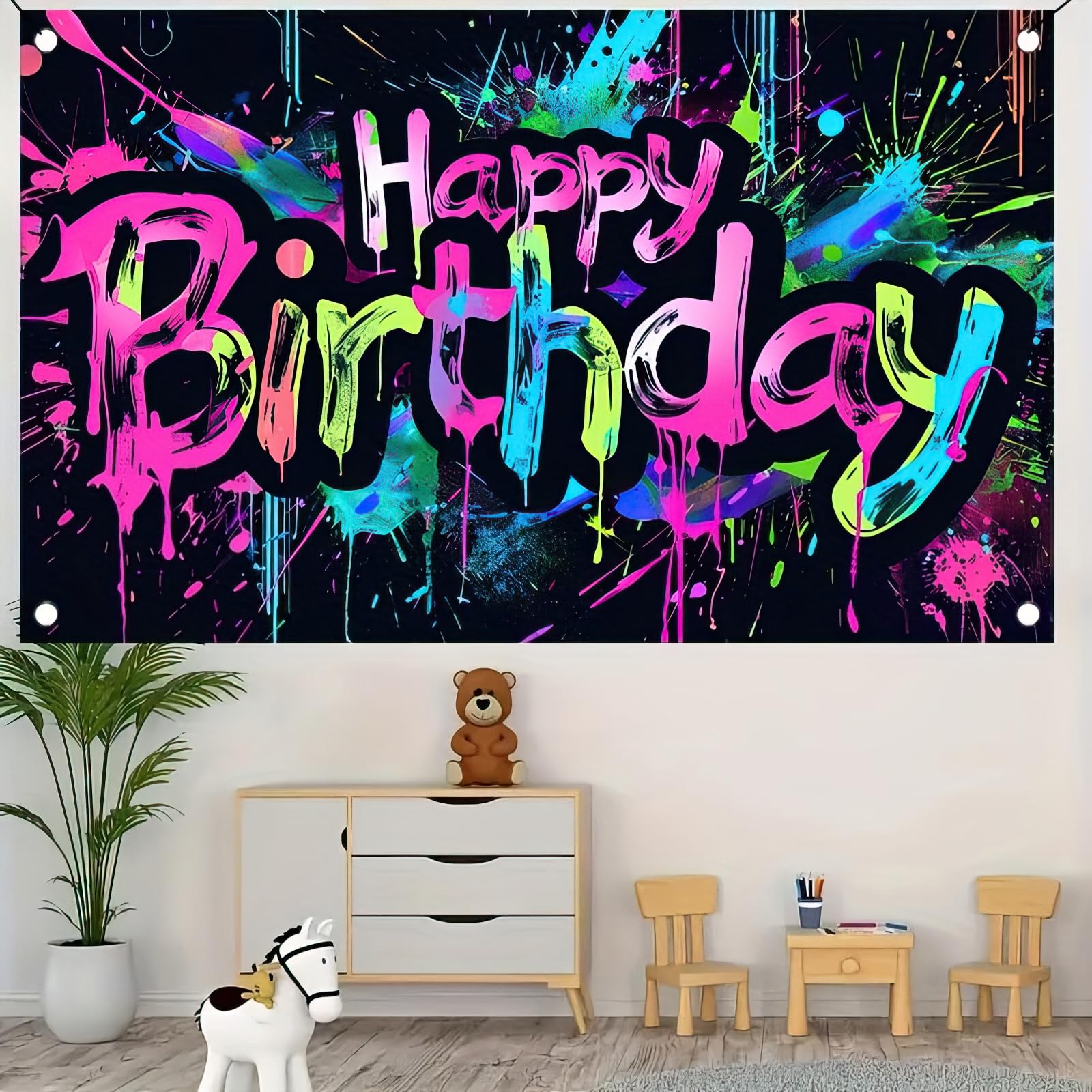 HOMETITUTE Neon Happy Birthday Banner – 71x43 in, Colorful Backdrop, Glow-in-the-Dark Party Decor