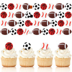 Honeydak 48 Pcs Sports Cupcake Toppers – Basketball, Football, Soccer, Softball Party Decor