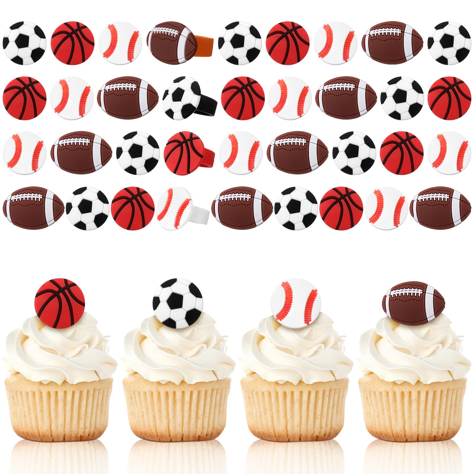 Honeydak 48 Pcs Sports Cupcake Toppers – Basketball, Football, Soccer, Softball Party Decor
