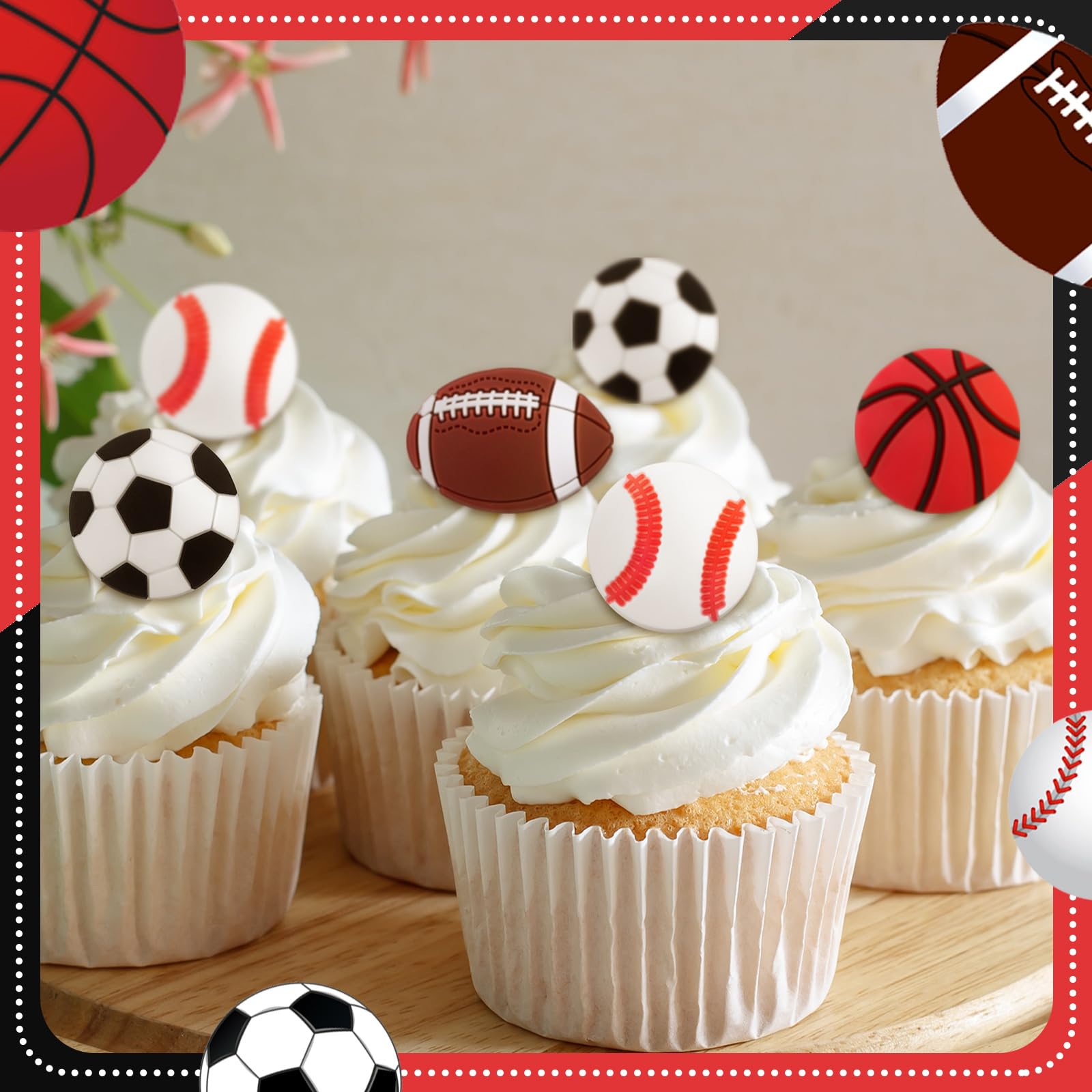 Honeydak 48 Pcs Sports Cupcake Toppers – Basketball, Football, Soccer, Softball Party Decor