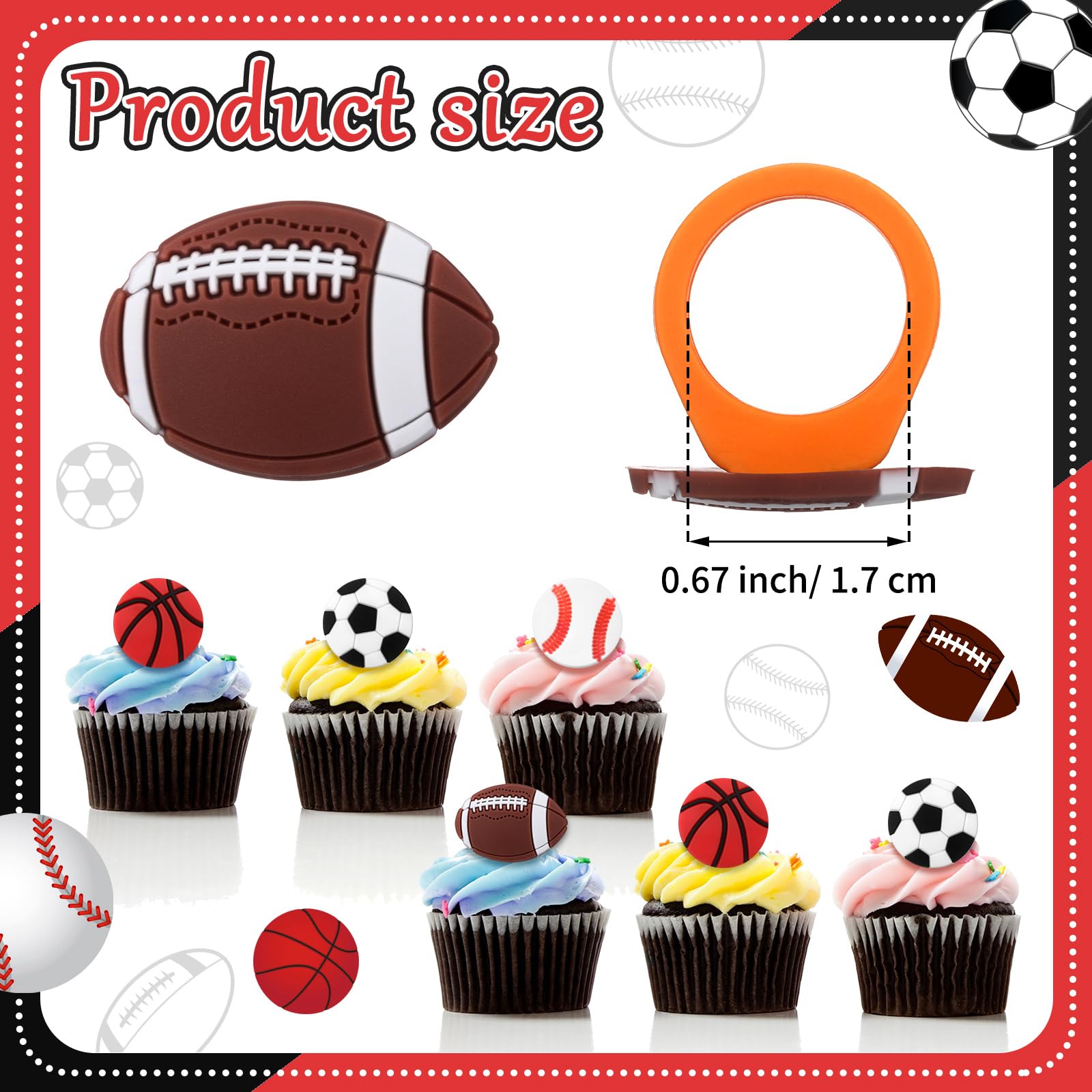 Honeydak 48 Pcs Sports Cupcake Toppers – Basketball, Football, Soccer, Softball Party Decor