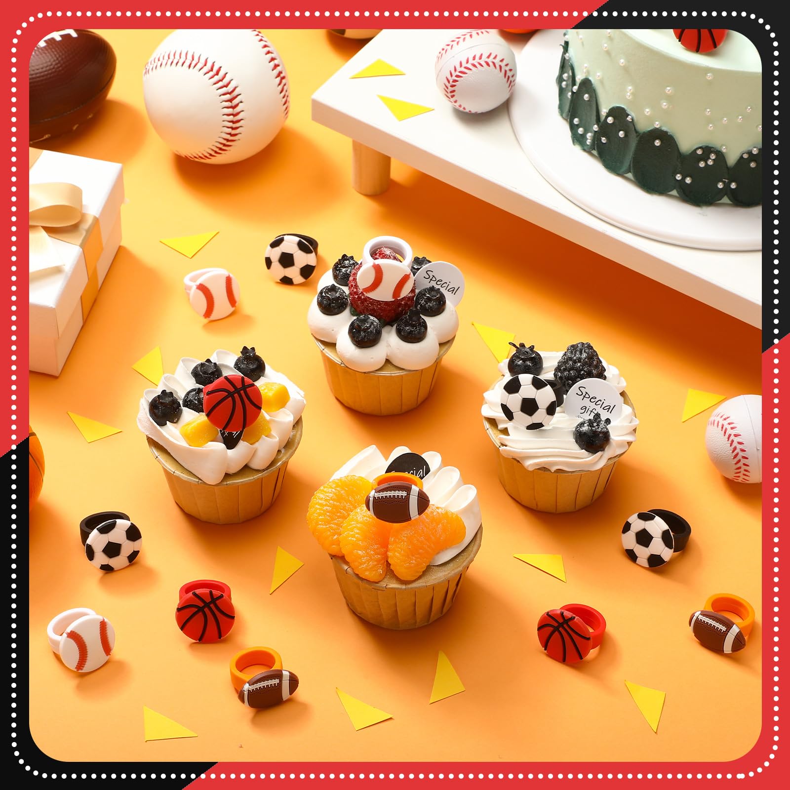 Honeydak 48 Pcs Sports Cupcake Toppers – Basketball, Football, Soccer, Softball Party Decor
