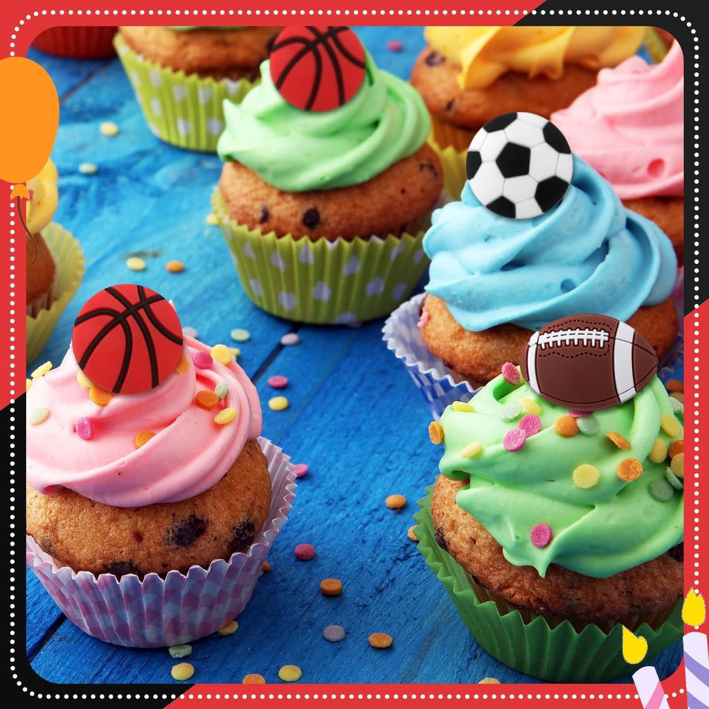 Honeydak 48 Pcs Sports Cupcake Toppers – Basketball, Football, Soccer, Softball Party Decor