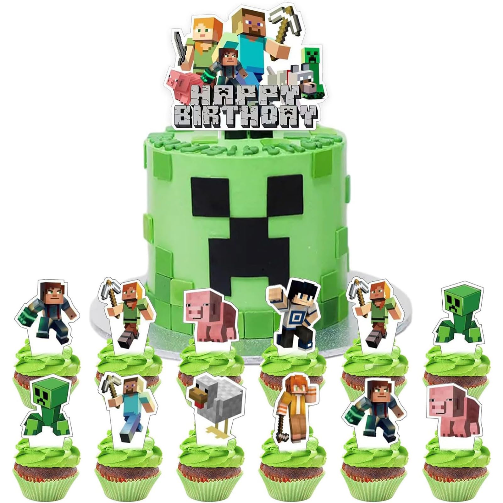 HonFHena 25 Pcs Pixel Styled Gamer Cake Decorations – Birthday Topper & Cupcake Toppers