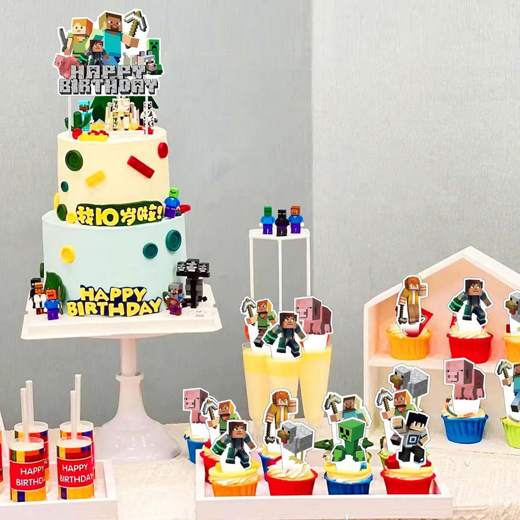 HonFHena 25 Pcs Pixel Styled Gamer Cake Decorations – Birthday Topper & Cupcake Toppers