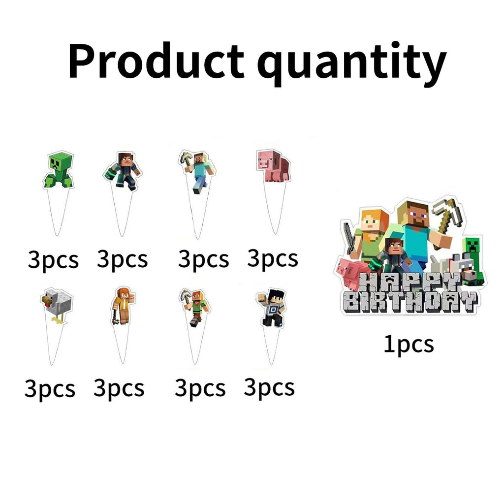 HonFHena 25 Pcs Pixel Styled Gamer Cake Decorations – Birthday Topper & Cupcake Toppers