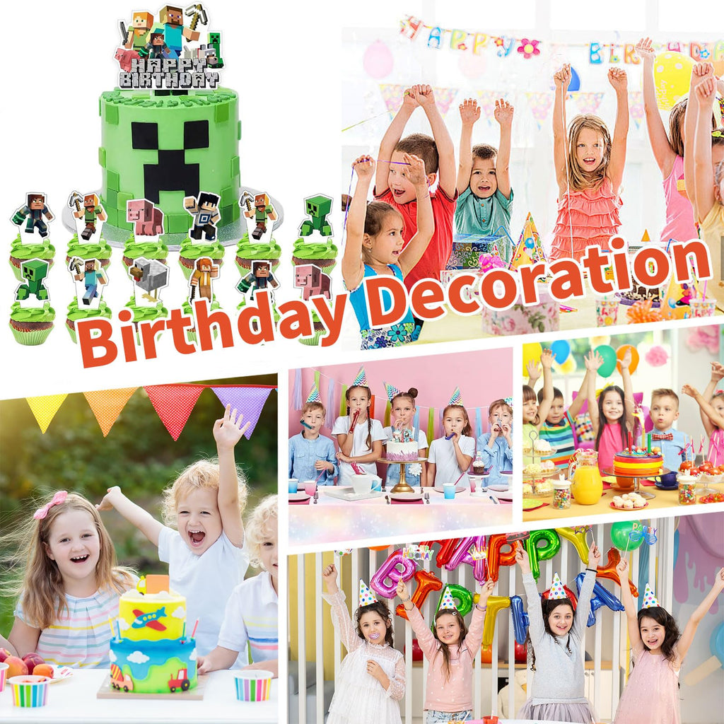 HonFHena 25 Pcs Pixel Styled Gamer Cake Decorations – Birthday Topper & Cupcake Toppers
