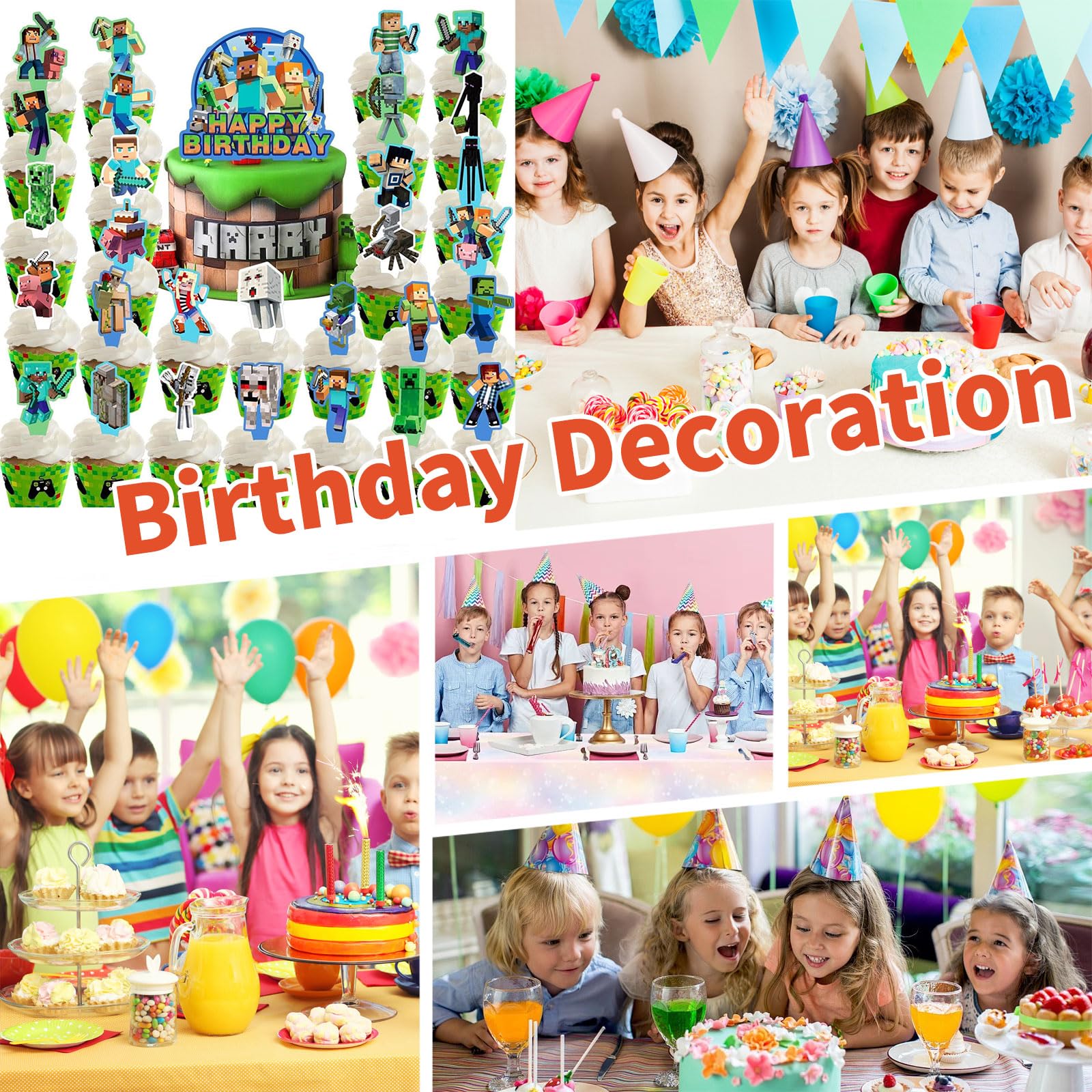 HonFHena 30 Pcs Pixel Styled Gamer Cake Decorations – Happy Birthday Topper & Cupcake Toppers