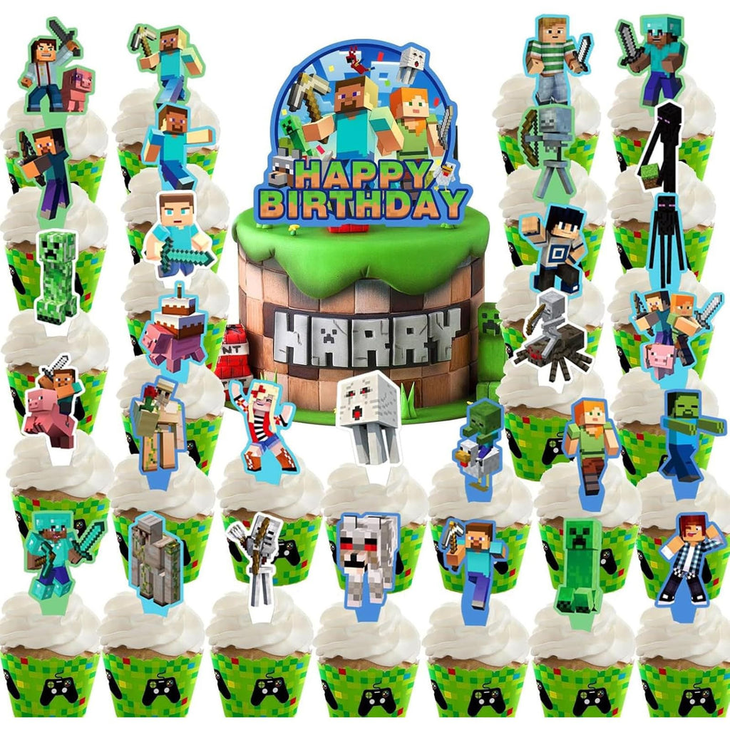 HonFHena 30 Pcs Pixel Styled Gamer Cake Decorations – Happy Birthday Topper & Cupcake Toppers