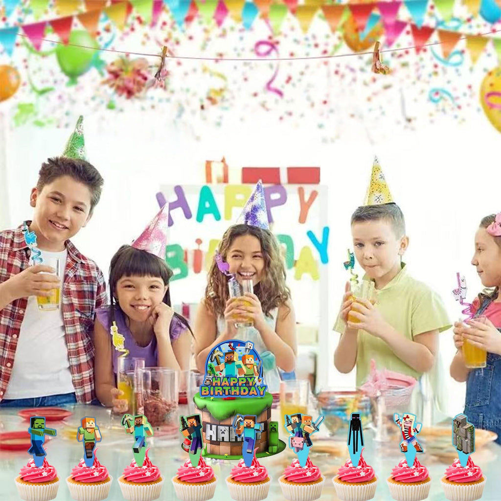 HonFHena 30 Pcs Pixel Styled Gamer Cake Decorations – Happy Birthday Topper & Cupcake Toppers