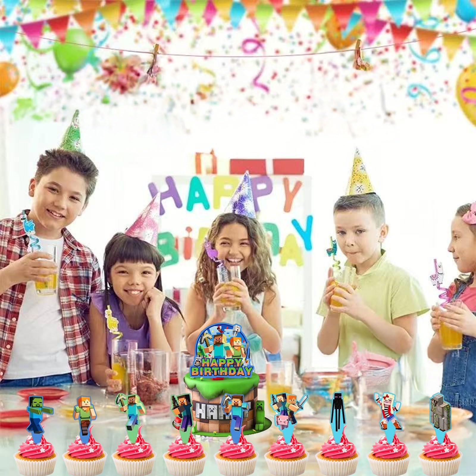 HonFHena 30 Pcs Pixel Styled Gamer Cake Decorations – Happy Birthday Topper & Cupcake Toppers