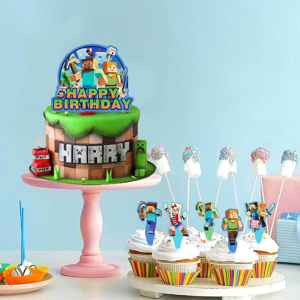 HonFHena 30 Pcs Pixel Styled Gamer Cake Decorations – Happy Birthday Topper & Cupcake Toppers