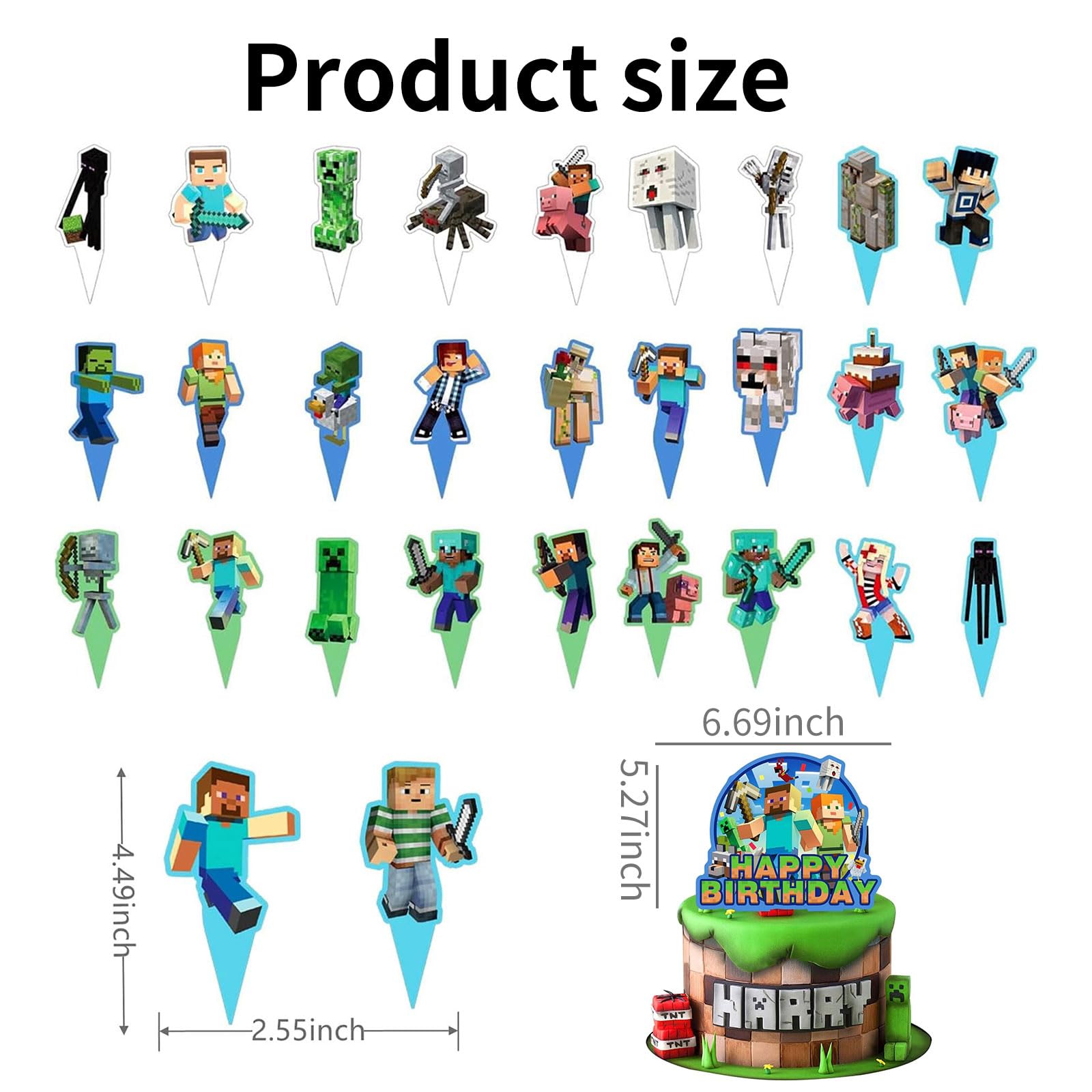 HonFHena 30 Pcs Pixel Styled Gamer Cake Decorations – Happy Birthday Topper & Cupcake Toppers
