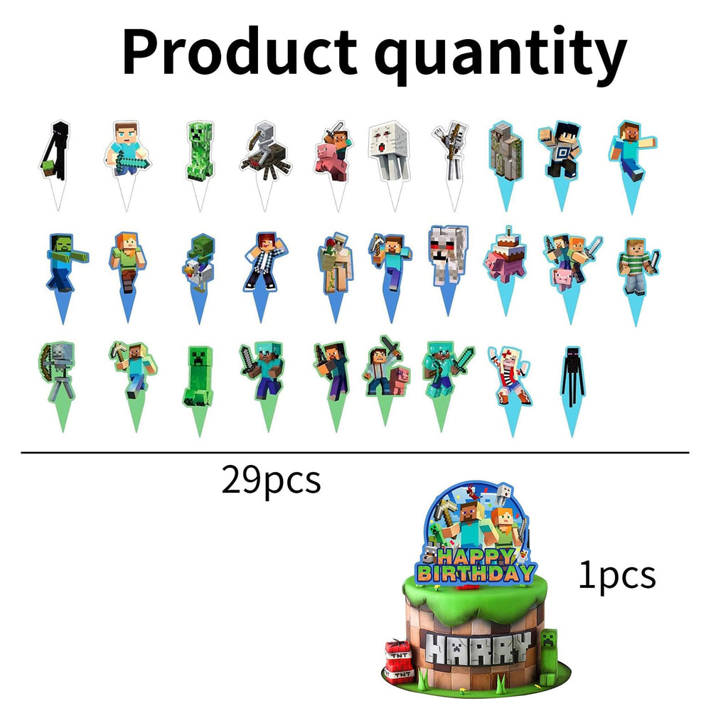 HonFHena 30 Pcs Pixel Styled Gamer Cake Decorations – Happy Birthday Topper & Cupcake Toppers