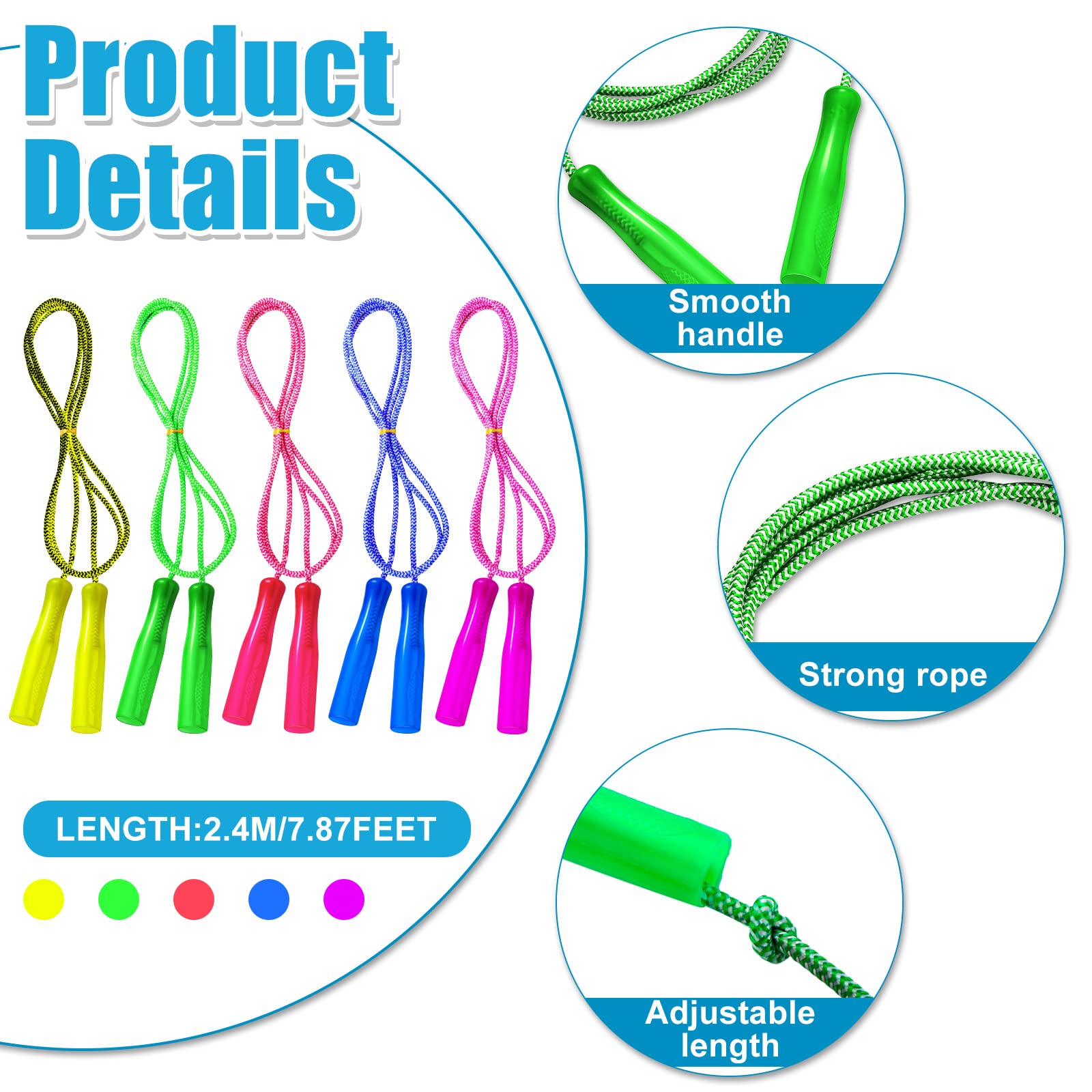 Honoson 30-Piece Rainbow Jump Rope Set for Kids – 7.87 ft Nylon Ropes with Adjustable Handles | Colorful Party Favors & Outdoor Fitness