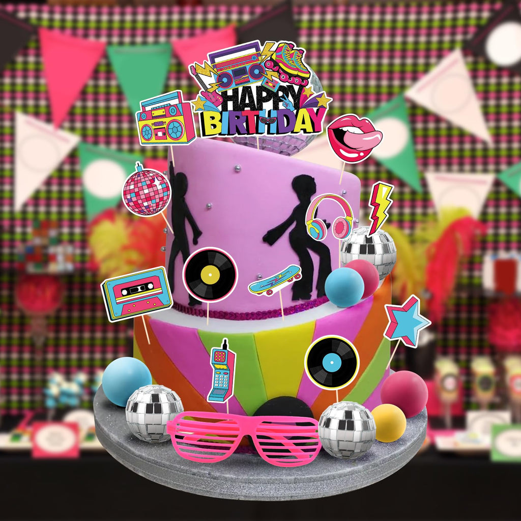 Hooqict 26 PCS 80s Cake Decorations – Retro Cake Toppers with Glitter Balls for Neon Throwback Parties