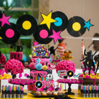 Hooqict 26 PCS 80s Cake Decorations – Retro Cake Toppers with Glitter Balls for Neon Throwback Parties