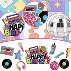 Hooqict 26 PCS 80s Cake Decorations – Retro Cake Toppers with Glitter Balls for Neon Throwback Parties