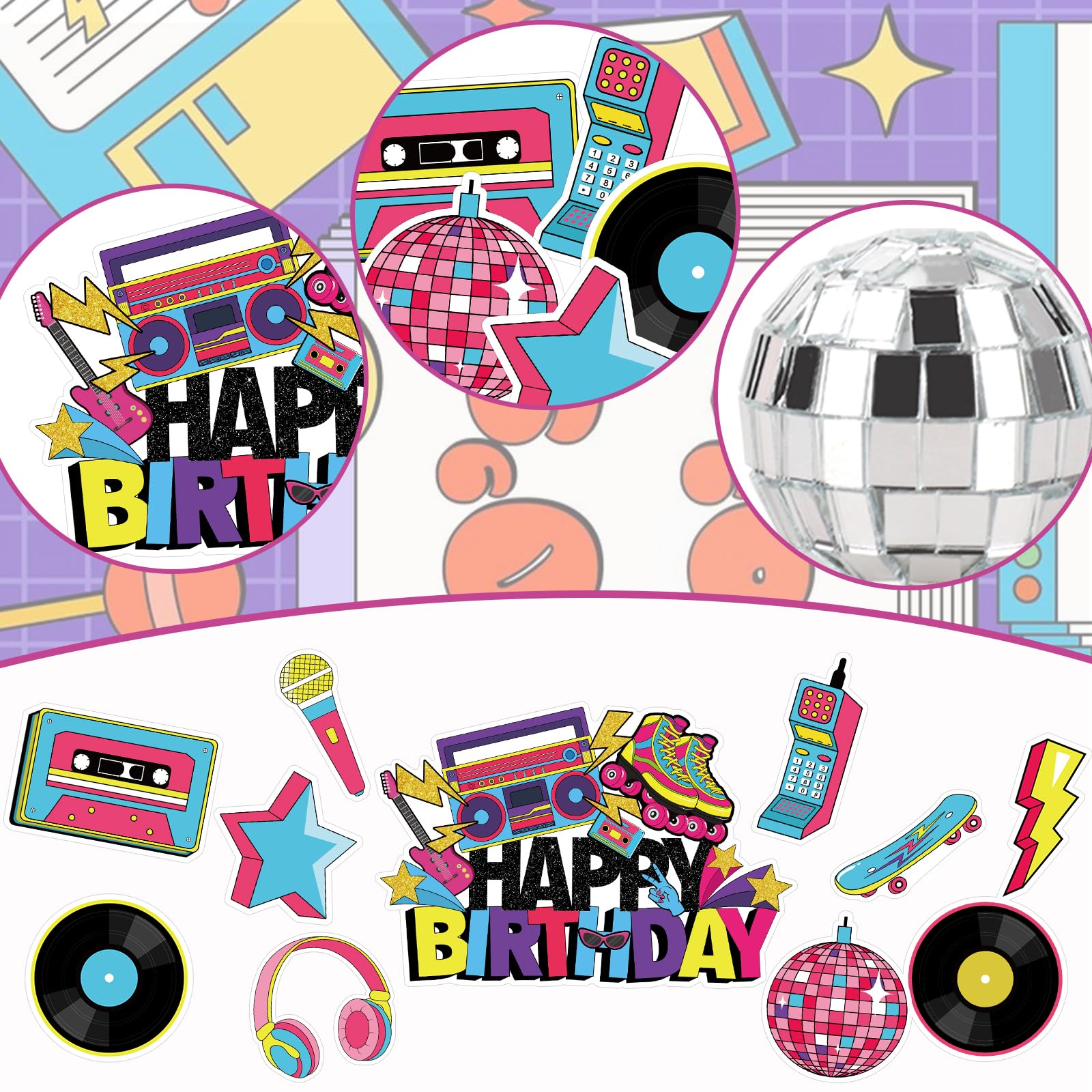 Hooqict 26 PCS 80s Cake Decorations – Retro Cake Toppers with Glitter Balls for Neon Throwback Parties