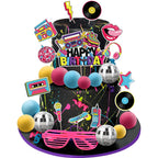 Hooqict 26 PCS 80s Cake Decorations – Retro Cake Toppers with Glitter Balls for Neon Throwback Parties