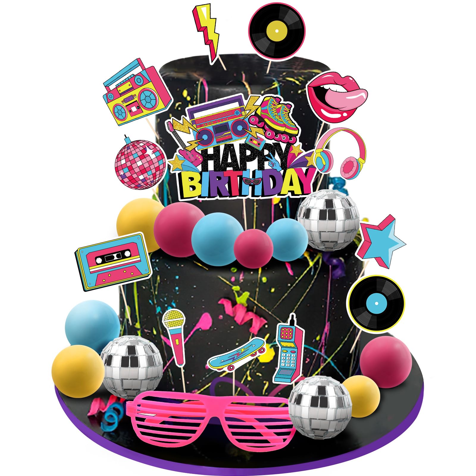 Hooqict 26 PCS 80s Cake Decorations – Retro Cake Toppers with Glitter Balls for Neon Throwback Parties