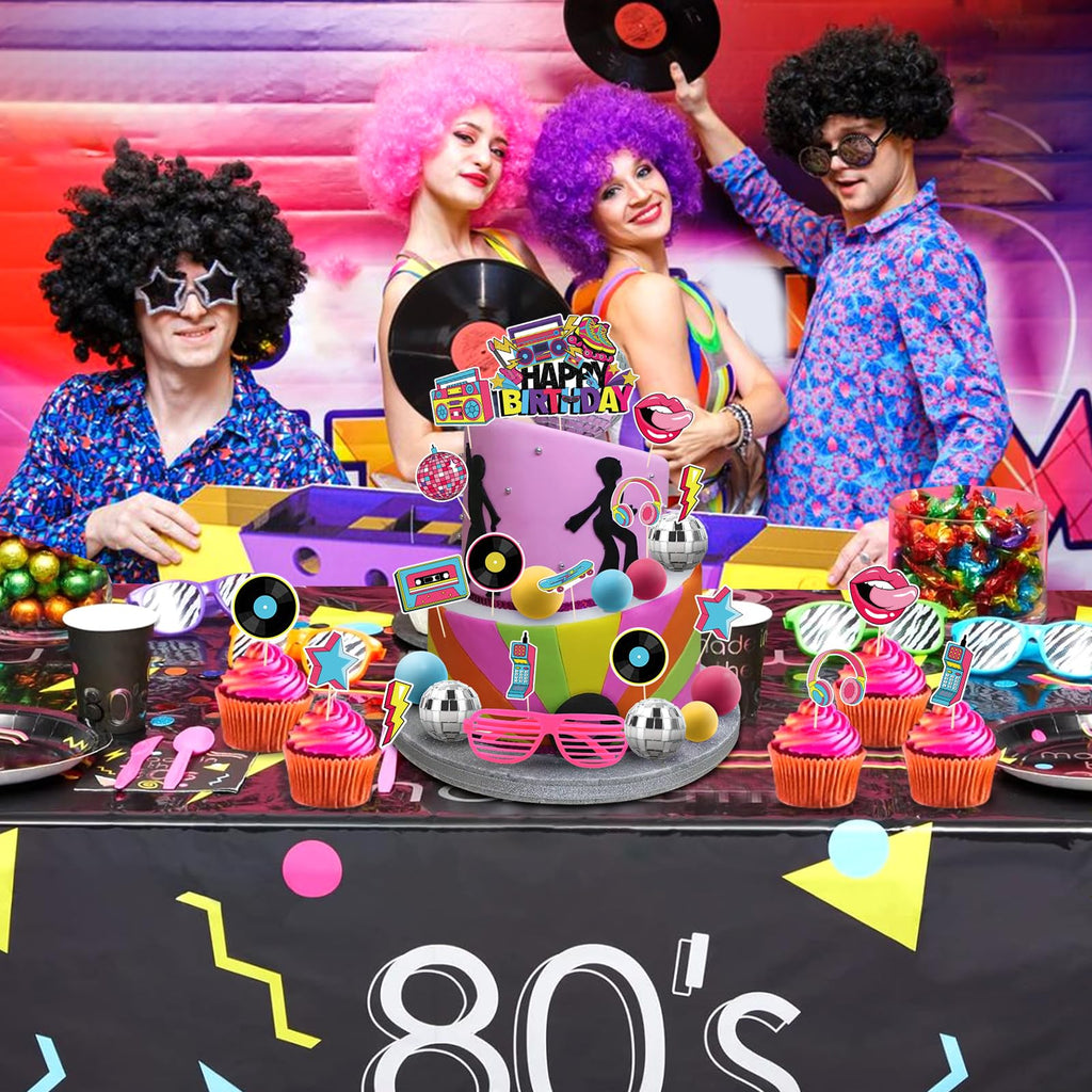Hooqict 26 PCS 80s Cake Decorations – Retro Cake Toppers with Glitter Balls for Neon Throwback Parties