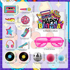 Hooqict 26 PCS 80s Cake Decorations – Retro Cake Toppers with Glitter Balls for Neon Throwback Parties