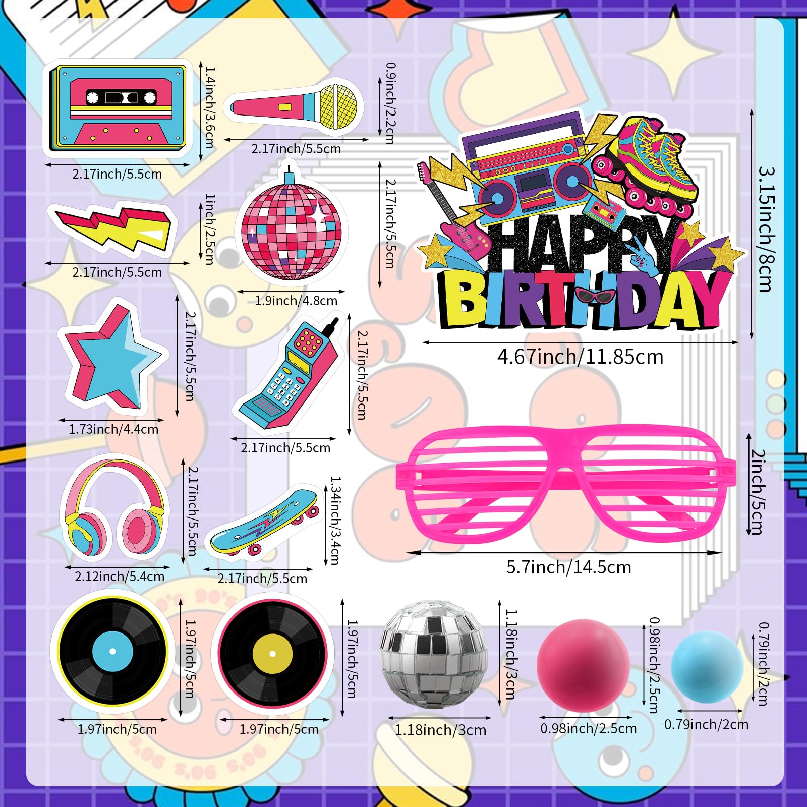 Hooqict 26 PCS 80s Cake Decorations – Retro Cake Toppers with Glitter Balls for Neon Throwback Parties
