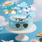Hooqict 25 Pieces Airplane Cake Toppers with Mini Sunglasses - Blue & White Cloud Birthday Decor
