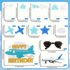 Hooqict 25 Pieces Airplane Cake Toppers with Mini Sunglasses - Blue & White Cloud Birthday Decor