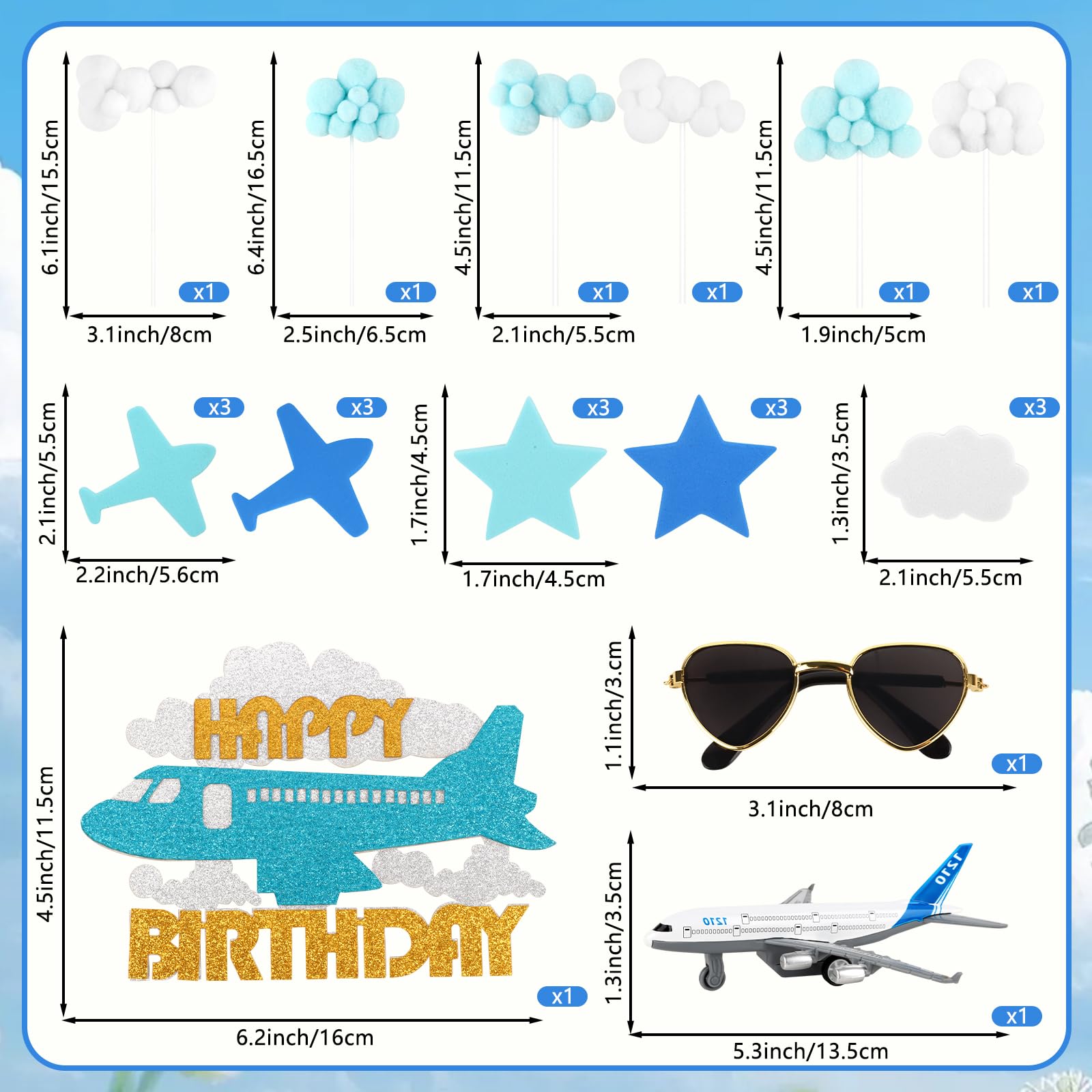 Hooqict 25 Pieces Airplane Cake Toppers with Mini Sunglasses - Blue & White Cloud Birthday Decor