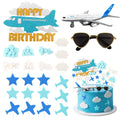 Hooqict 25 Pieces Airplane Cake Toppers with Mini Sunglasses - Blue & White Cloud Birthday Decor